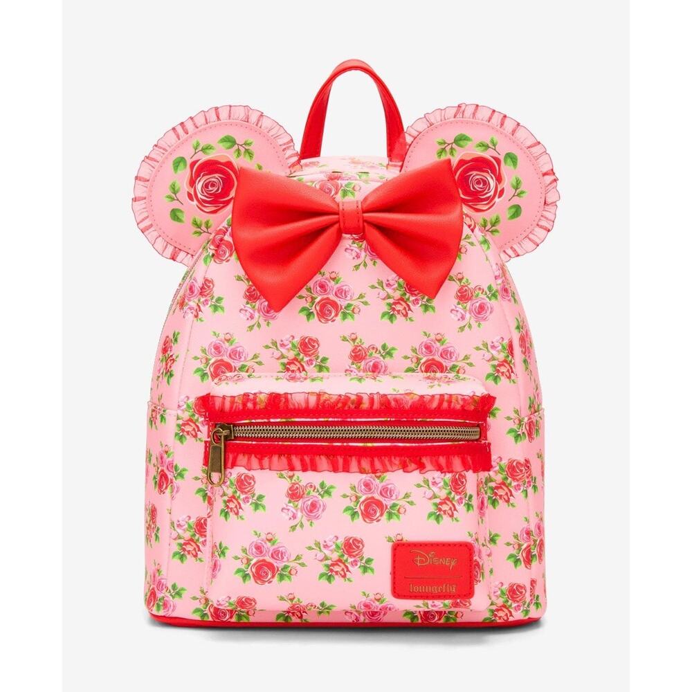 Loungefly Disney Minnie Mouse Pink and Red Roses Figural mini Backpack NWT